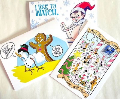 3 Naughty Adult Holiday Cards Xmas Christmas Elf Snowman Gingerbread Cookie gay - Image 1 of 4