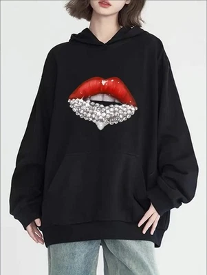Chic Diamond Red Lips Print Hoodie For Women - Casual Long Sleeve With Pockets, — 第 1/4 张图片