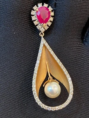 Pave 3.50 Cts Round Brilliant Cut Diamonds Ruby Pearl Pendant In Solid 14K Gold - Image 1 of 4