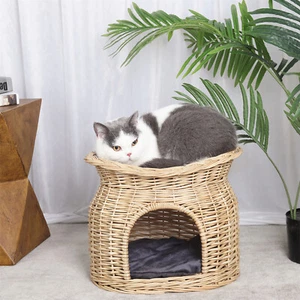 Cat Sleeping Bed Elevated Wicker Ratten Pet House Cave Condo w/ Soft Cushion - Picture 1 of 14