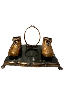 Vtg Bronze Copper Tone Newborn Infant Baby Boy Shoes w Photo Frame On Base Decor - Picture 1 of 9