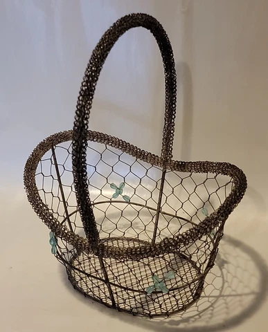Metal Mesh Basket Twisted Wire Oval Shaped With Handle Blue Bead Accents 10"x8" Cover