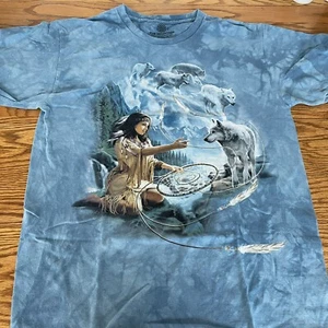 Vintage Y2K The Mountain Native American Maiden Wolf Pack Tee Shirt Blue T Large - Picture 1 of 4