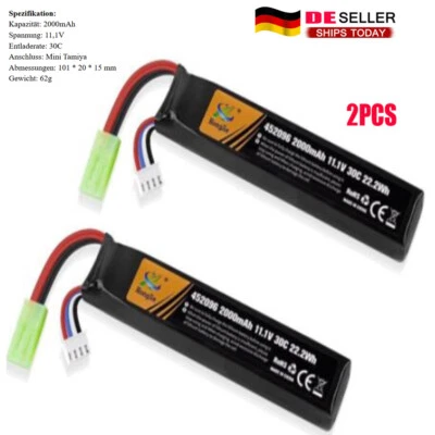2Pcs 11.1V 2000mAh 30C Airsoft LiPo Battery w/ Mini Tamiya Plug for Guns Rifle - Bild 1 von 4