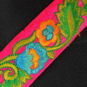 Orange & Sky Blue Flowers~1.75" Wide FLORAL PATCHWORK Embroidered Trim ~ 3 Yards - Picture 1 of 2