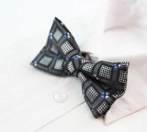 Mens Chess Black Silver Blue Bow Tie Pretied Wedding Formal Patterned - Picture 1 of 3