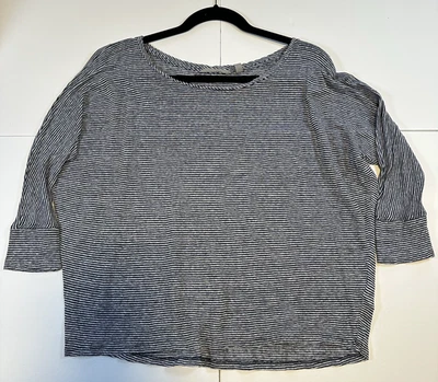 Camisa ATHLETA MD Azul y Blanco Rayas 100% Lino Calce Relajado Cuello Abierto Manga 3/4 Foto 1 de 4