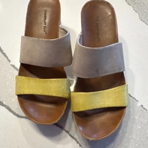 Chocolate Blu Sandals Yelllw Tan Cork Wedge 7 - Picture 1 of 6