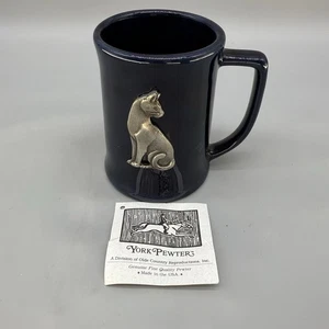 Vintage Blue Ceramic Pewter Cat Kitty Mug Pottery York Pa Gift USA Cup - Picture 1 of 11