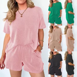 UK Womens 2Pcs Tracksuit Set Summer Casual Loose T Shirts Tops Shorts Loungewear - Picture 1 of 32