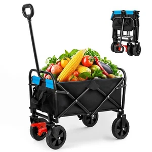 Mini Folding Wagon Garden Shopping Beach Cart (black+blue+brake) - Picture 1 of 21