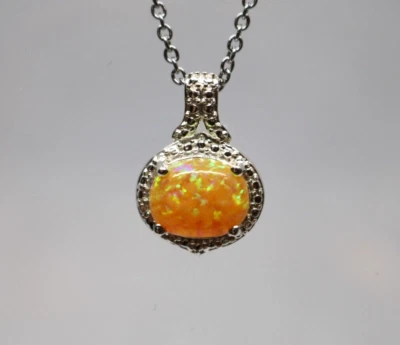 Ladies Sterling Silver NOS Oval Opal Accented Pendant Stainless Necklace 20" - Image 1 of 4