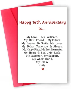 Romantic 16Th Anniversary Card for Couple,Funny 16 Years Wedding Gifts for Wife, - Picture 1 of 12