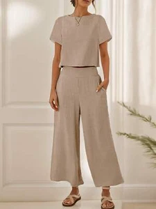 Women's 2 Piece Outfits Linen Short Sleeve Crop Top Wide Leg Pants Lounge Sets - Picture 1 of 14