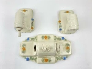 Antique Vtg Ceramic Art Deco Period Ceiling Light Fixture Wall Sconce SET Floral - Picture 1 of 10