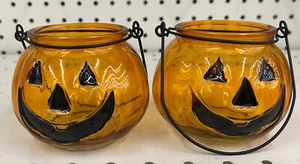 Halloween Orange Pumpkin Glass Jack-o-Lantern Candle Holder w/ Handle Set of 2 - Picture 1 of 4