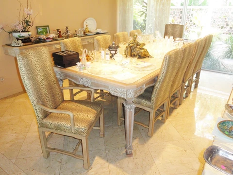 RARE 10 pcs SET JOHN WIDDICOMB DISTRESSED WOOD DINING CHAIR w/ LEOPARD FABRIC Cover