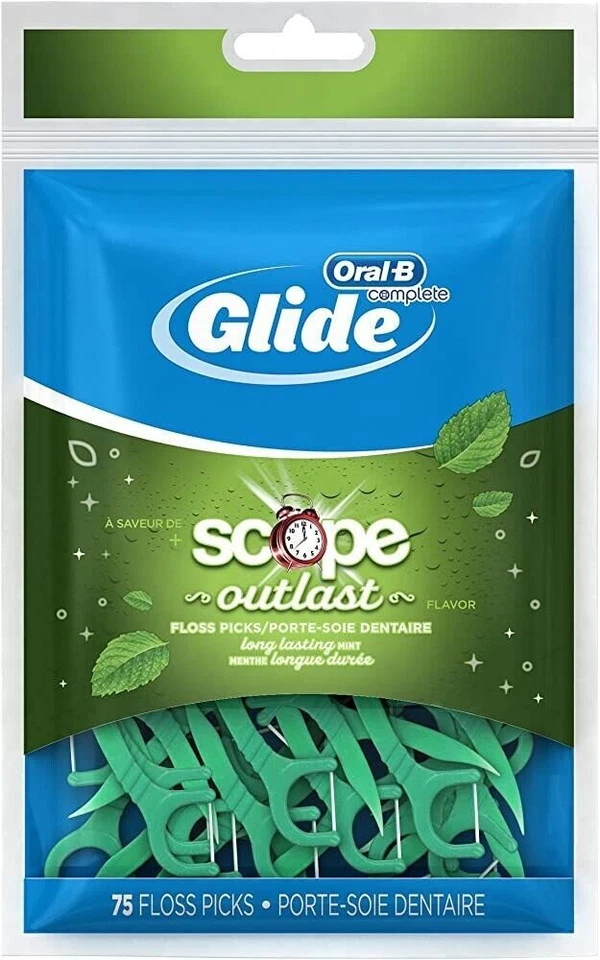 Oral-B Glide Complete with Scope Outlast Dental Floss Picks, Mint - 75 Count