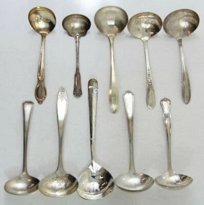 10 x ПОДЛИВКИ КОВШИ СЕРВИРОВКИ СТОЛОВЫЕ ПРИБОРЫ ПОСЕРЕБРЕННЫЕ ЛОТ ВИНТАЖНЫЙ CRAFT ПОВТОРНОЕ ИСПОЛЬЗОВАНИЕ ПЕРЕПРОФИЛИРОВАНИЕ - Изображение 1 из 2