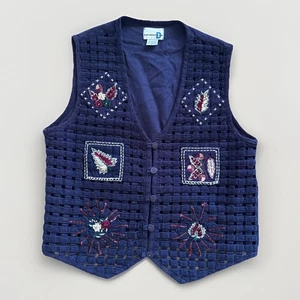 Chaleco de Pana Tejido de Colección para Mujer M Azul Marino Hojas de Otoño Boho Cottage Country - Imagen 1 de 13
