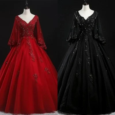 Vestidos de novia góticos negros rojos vintage mangas largas línea en Vestidos de novia Foto 1 de 4