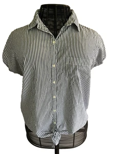 OLD NAVY Womens Blue & White Striped Button Down Tie Waist Short Cap Sleeve SzL - Picture 1 of 8