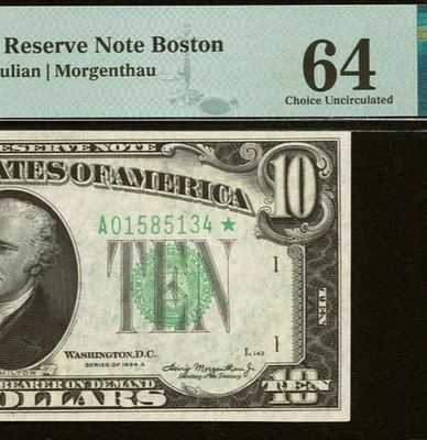 1934A $10 Federal Reserve Note PMG 64 - Uncirculated Boston Star - Fr 2006-A* - Image 1 of 3