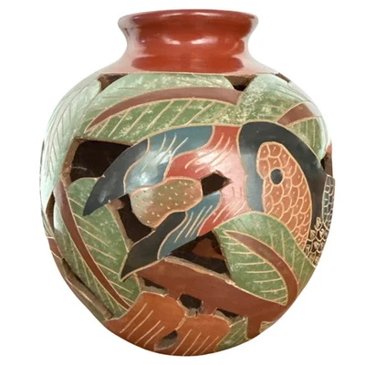 Jarrón vintage de cerámica con diseño floral de tucán Foto 1 de 4