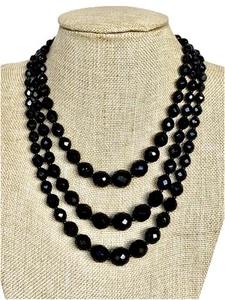 Vintage 3 Strand Graduated Faceted Black Crystal Beaded Necklace, 15" Long - Picture 1 of 9