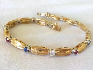 Brazalete Estate de diamantes con zafiro y rubí de oro amarillo de 14 k - 15,5 gms, 7,2 pulgadas, 1,40 quilates - Imagen 1 de 15