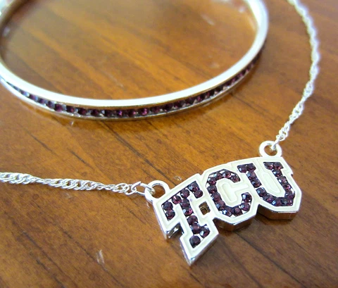 TEXAS CHRISTIAN TCU CRYSTAL PENDANT NECKLACE + BRACELET Horned Frogs jewelry set Cover