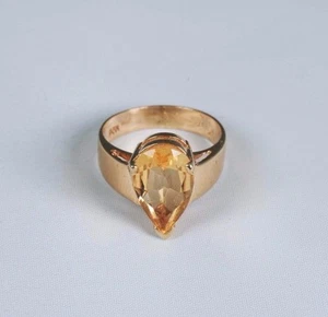 14K Yellow Gold Large 3 ct. Pear Shaped Citrine Ring, size 5.25 - Picture 1 of 5
