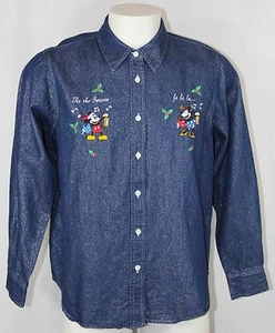 Disney Christmas Tis the Season Mickey Minnie Embroider LS Button Front Women L - Bild 1 von 9