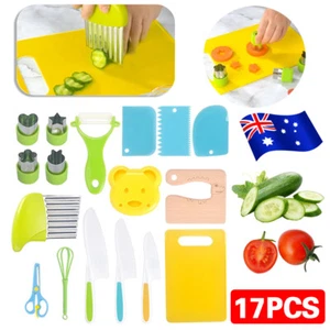 17Pcs Wooden Knif Set Montessori Safe Kitchen Cooking Tools for Kids Toddlers AU - Picture 1 of 12