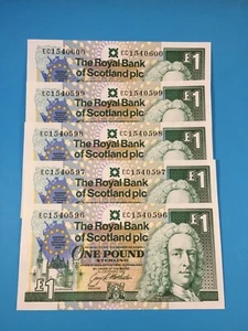 5 Consecutive Royal Bank of Scotland £1 Notes, European Summit, EC1540596 - 600 - Picture 1 of 4