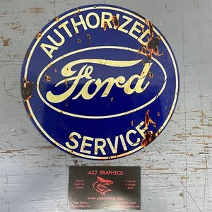 CARTELLO DI SERVIZIO AUTORIZZATO FORD TONDO LATTA LOOK ARRUGGINITO cartello look vintage - Foto 1 di 5