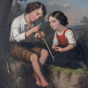 Andries SCHEERBOOM (1832-1891) "Niño y hermana tallando madera" (1859) óleo - Imagen 1 de 4