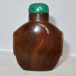 3.4" Chinese Brown / Dark Burnt Orange Agate Snuff Bottle with Green Lid - Picture 1 of 12