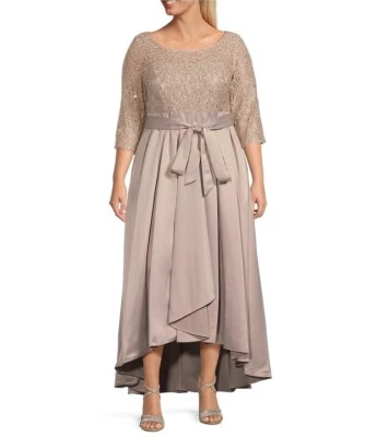 NOVO Vestido Alex Evenings Feminino Laço com Cinto Lantejoulas Renda e Cetim Champanhe Tamanho 18 - Imagem 1 de 4