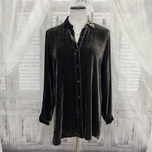 Eileen Fisher Sz 2XS XXS Long Sleeve Velvet Shirt Woodland Green Button Silk B31 - Picture 1 of 12