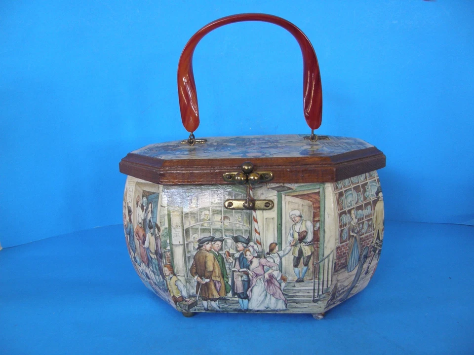 复古 OCTAGONAL 木制女士手提包 带 LUCITE 西部场景手柄 — 第 1/1 张图片