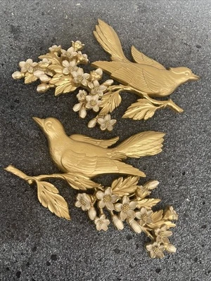 2 Placas de Pared Syroco De Colección Pájaros Floración Dogwood Ramas Años 60 Dorado Blanco MCM Foto 1 de 4