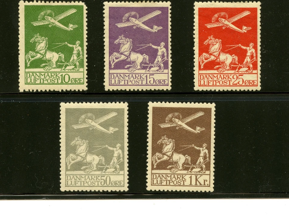Dinamarca #C1-C5 (D891) Comp 1925-9 avión y arador, M,H, FVF, CV $377,50 Foto 1 de 1