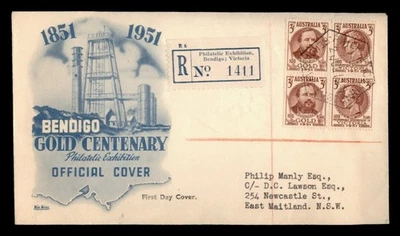 DR WHO 1951 AUSTRALIA FDC BENDIGO GOLD CENTENARY WIDE WORLD CACHET BLOCK w8386 - Image 1 of 2
