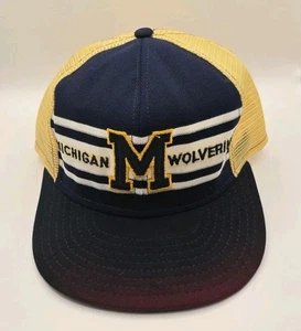 VTG AJD Michigan Wolverines Super Stripe Mesh Snapback Hat USA Made 80s Trucker - Picture 1 of 14