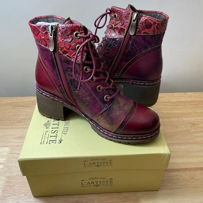 Botas de tornozelo L'Artiste Spring Step borgonha floral com cadarço zíper lateral couro tamanho 35 - Imagem 1 de 4