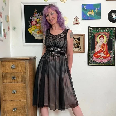 Vintage Vanity Fair Nightgown, 1950s Sheer Black Chiffon and Lace Lingerie S - Image 1 of 4