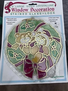 Vtg Christmas Crystalline 9" Window Decoration Bears Wreath Stained Glass Look - Picture 1 of 2