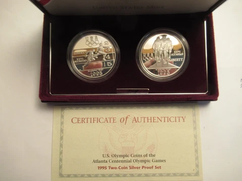 1995 US Mint Olympic Silver 2 Coin Proof Set, US mint pkg w/COA Cycling & Track Cover
