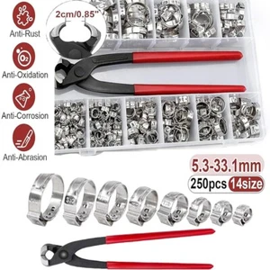 250PCS Single Ear Stepless Hose Clamps 304 Stainless Steel Ear Hose Clamps Plier - Picture 1 of 11